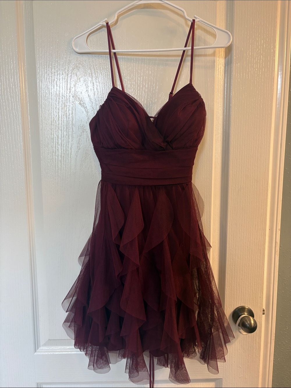 Burgundy Spaghetti Strap Ruffle Tulle Cocktail Dress